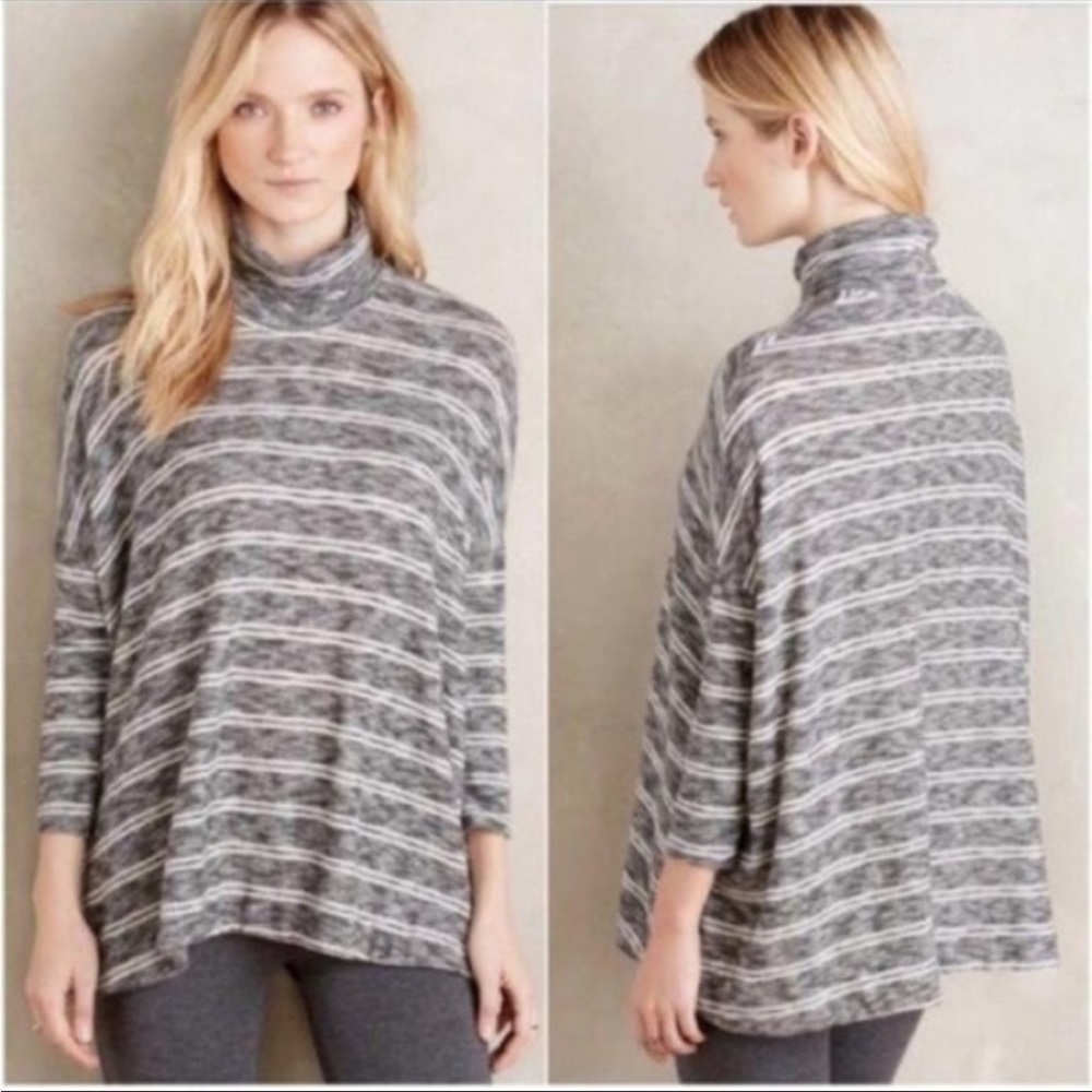 Anthropologie Postmark Mika Grey and White Striped Oversized Turtleneck Top